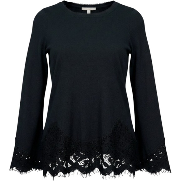 Soft Surroundings Tops - Soft Surroundings Black Knit Pullover Top Lace Trim Hem Cuffs Crew Neck Medium